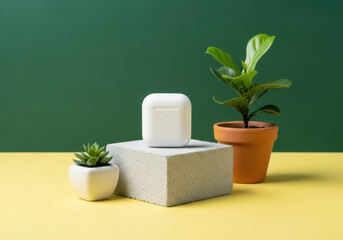 Airpods case on a concrete cube surrounded by plants on a yellow table