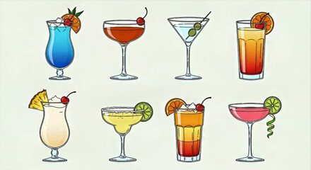 An assortment of colorful cocktails in various glasses each garnished with fruit and a cherry on top display