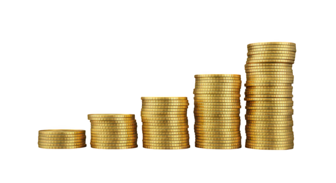 Stacks of gold coins arranged in ascending order on a black background representing growth and wealth