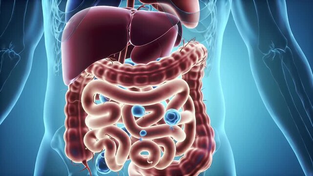 Detailed Anatomical Illustration of Human Digestive System Featuring Liver Intestines and Internal Organs on Blue Background for Medical Educational Resources and Health Awareness Campaigns