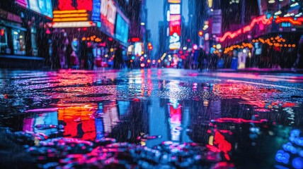 Obraz premium Low-angle shot of neon lights reflecting in rain
