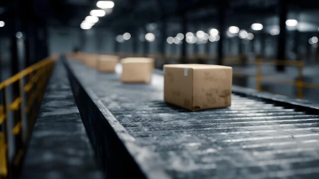 Busy warehouse packing line with boxes on a conveyor belt