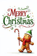 Gingerbread man with red scarf and green hat holds candy cane, surrounded by festive text and decorations on white background with subtle shadow.