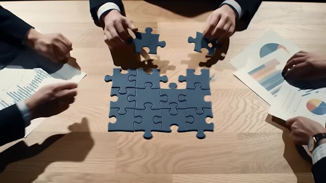 Team Assembling a Dark Grey Jigsaw Puzzle on Wooden Table