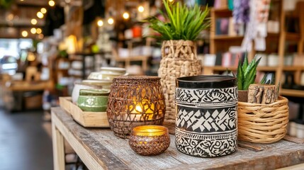 Display of handcrafted decorative items on rustic wooden table, including lanterns, vases, and plants