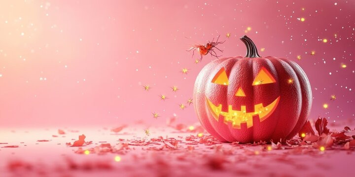 Glowing jacko'lantern with a spider on top in a pink halloween themed background