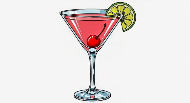 A vibrant pink cocktail in a martini glass adorned with a cherry and lime slice on a white background