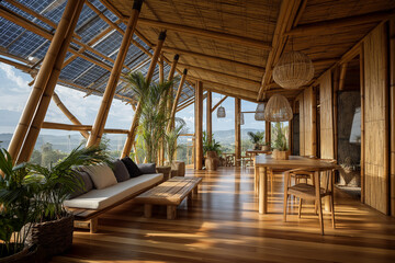 eco home interior using sustainable product design with bamboo furniture, solar panels, low-energy lights, and zero plastic waste, showing modern low carbon lifestyle