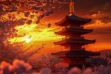 Obraz premium Scenic pagoda view during vibrant sunset