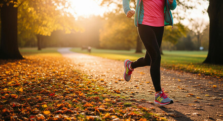 Jogging in Autumn Park with Golden Leaves