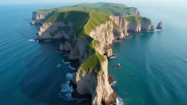 Drone view of the sharp cliffs in the sea