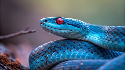 Obraz premium Blue Pit Viper with Red Eyes Coiled Closeup mouth 
