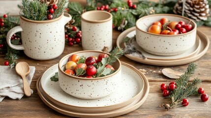 Festive ceramic tableware on a wooden table, decorated with berries and pine branches