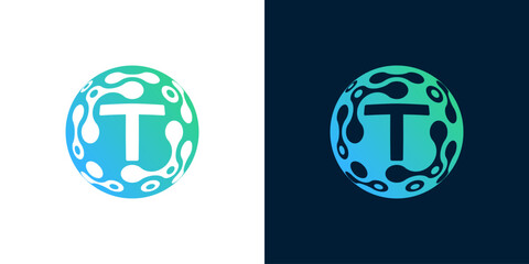 Letter T logo design with abstract ball technology digital data connection with green gradient color