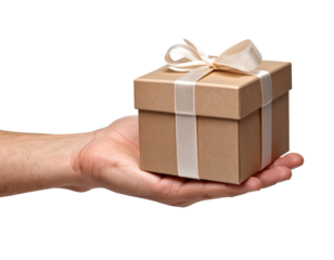 Presented with a thoughtful gesture: A hand extends, offering a beautifully wrapped gift box, a symbol of care and anticipation, ready to give.