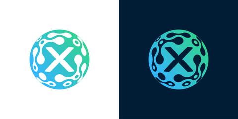 Letter X logo design with abstract ball technology digital data connection with green gradient color