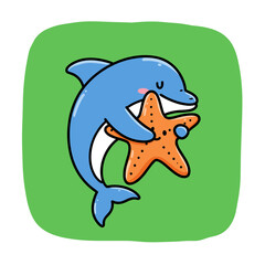 Blue cartoon dolphin hugs orange starfish with a sweet, content smile.