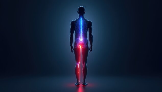 3D medical illustration showing sciatic nerve pain radiating from the lower back to the leg. Used for rehabilitation, physiotherapy, and chronic pain awareness.