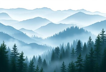 Serene layered pine forest, misty mountains, paper cut style, digital art, evergreen trees, hazy backdrop,   image,  depth