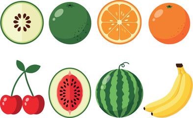 Vector vector art of collection of fresh fruits including kiwi, orange, watermelon, banana, and cherries transparent background