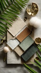 Assorted fabric swatches in muted tones, arranged with tropical foliage and textured accents