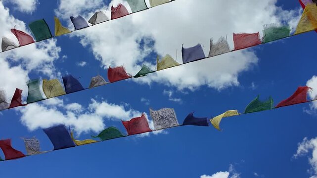 Prayer tibetan flags and clear blue sky at Leh, Ladakh India
