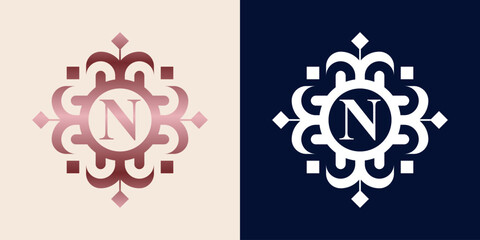 Letter N logo with luxury ornament logo in pink gradient color, for boutique, beauty, shop, jewelry industry, and beauty