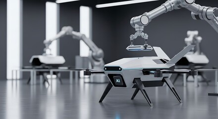 High-tech robotic arm assembling a futuristic AI-powered drone in an advanced automated manufacturing facility, showcasing smart industry and cutting-edge UAV production.