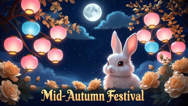 Happy mid autumn festival. Rabbit with mooncakes 