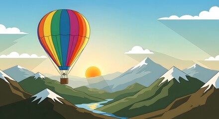 A vibrant rainbow hot air balloon floats serenely over a majestic mountain range at sunrise, with a winding river below.