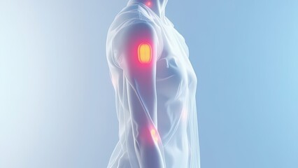 3D view of the shoulder with muscles and tendons; subacromial region highlighted to show impingement and rotator cuff stress. Ideal for orthopedic, sports medicine, and PT content. 