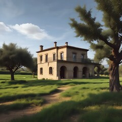 Naklejka premium Elegant Stone House in Verdant Meadow with Rustic Path