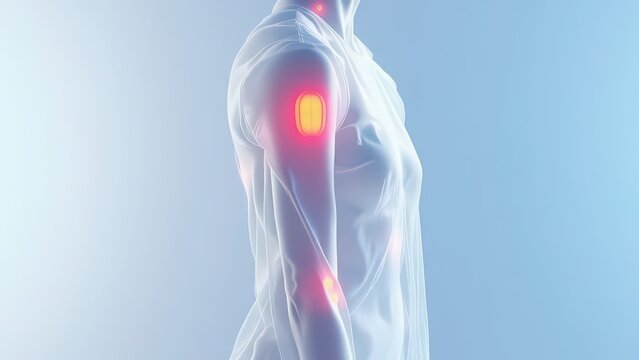 3D view of the shoulder with muscles and tendons; subacromial region highlighted to show impingement and rotator cuff stress. Ideal for orthopedic, sports medicine, and PT content. 