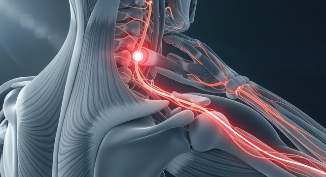 3D view of the shoulder with muscles and tendons; subacromial region highlighted to show impingement and rotator cuff stress. Ideal for orthopedic, sports medicine, and PT content. Neutral, anonymous 