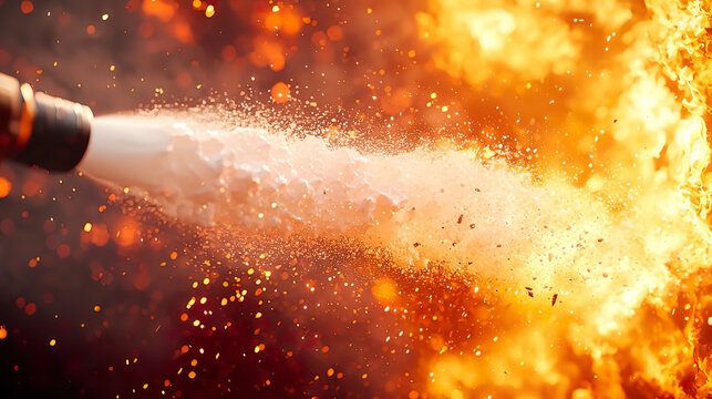 炎に向かって勢いよく放水する消防ホースのイメージ