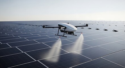 Drone cleaning solar panels on a large solar farm. Modern technology for efficient inspection, maintenance, and optimal performance of renewable energy infrastructure.