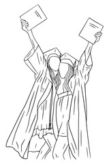 Two graduates joyfully celebrating achievement with diplomas, line art perfect for graduation announcements