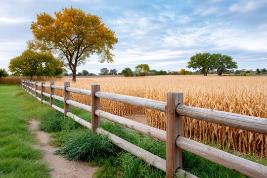 Wooden fence bordering cornfield in autumn landscape - Powered by Adobe