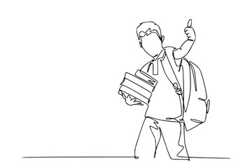 Confident student with books gives thumbs up, back to school success in simple line art style