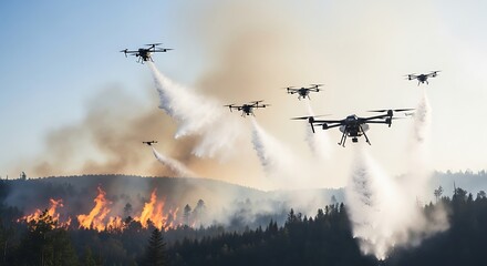 Multiple firefighting drones combatting a widespread forest fire with water drops, demonstrating drone technology's role in wildfire management and emergency response.