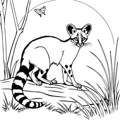 Cute ringtail cat illustration in nature scene with butterfly, perfect for children's coloring book