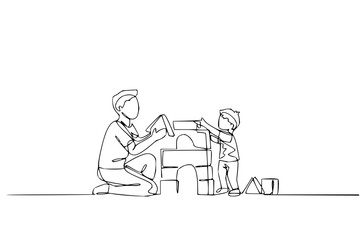Heartwarming line art of father and son building together with blocks fostering family bonding time and creativity