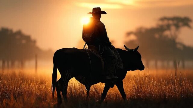 Cowboy balancing on raging bull in rodeo arena extreme sport challenge &ndash; Video 4K UHD 60fps