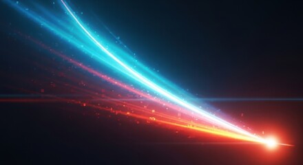 Abstract glowing light streaks trails of blue red orange light with lens flare on