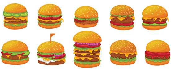 Burger vector set. Set of fast food illustration. Hamburger vector illustration. Fast Food Icons Set. Burger illustration. cheese burger illustration