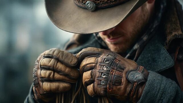 Close up cowboy adjusting hat before bull riding rodeo event &ndash; Video 4K UHD 60fps