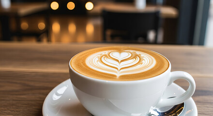 Close up of a latte with heart art on a saucer in a cafe