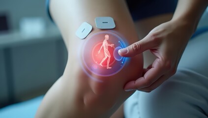 Electrodes placed on the leg with a portable stim unit; red indicators show active channels. Used for pain control and muscle re-education after knee injury or surgery.