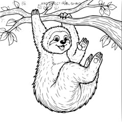 Adorable cartoon sloth hanging from a tree branch, perfect for children's books and educational materials