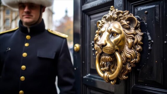 Guard at black door with golden lion knocker